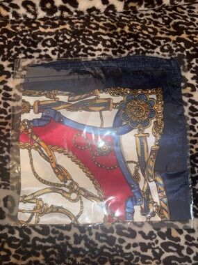 Navy, Red & Gold Chain Print Satin Scarf